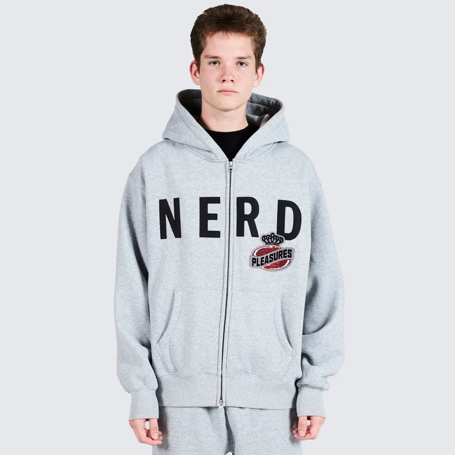 Pleasures Men Nerd Zip Up Hoodie Heather Grey