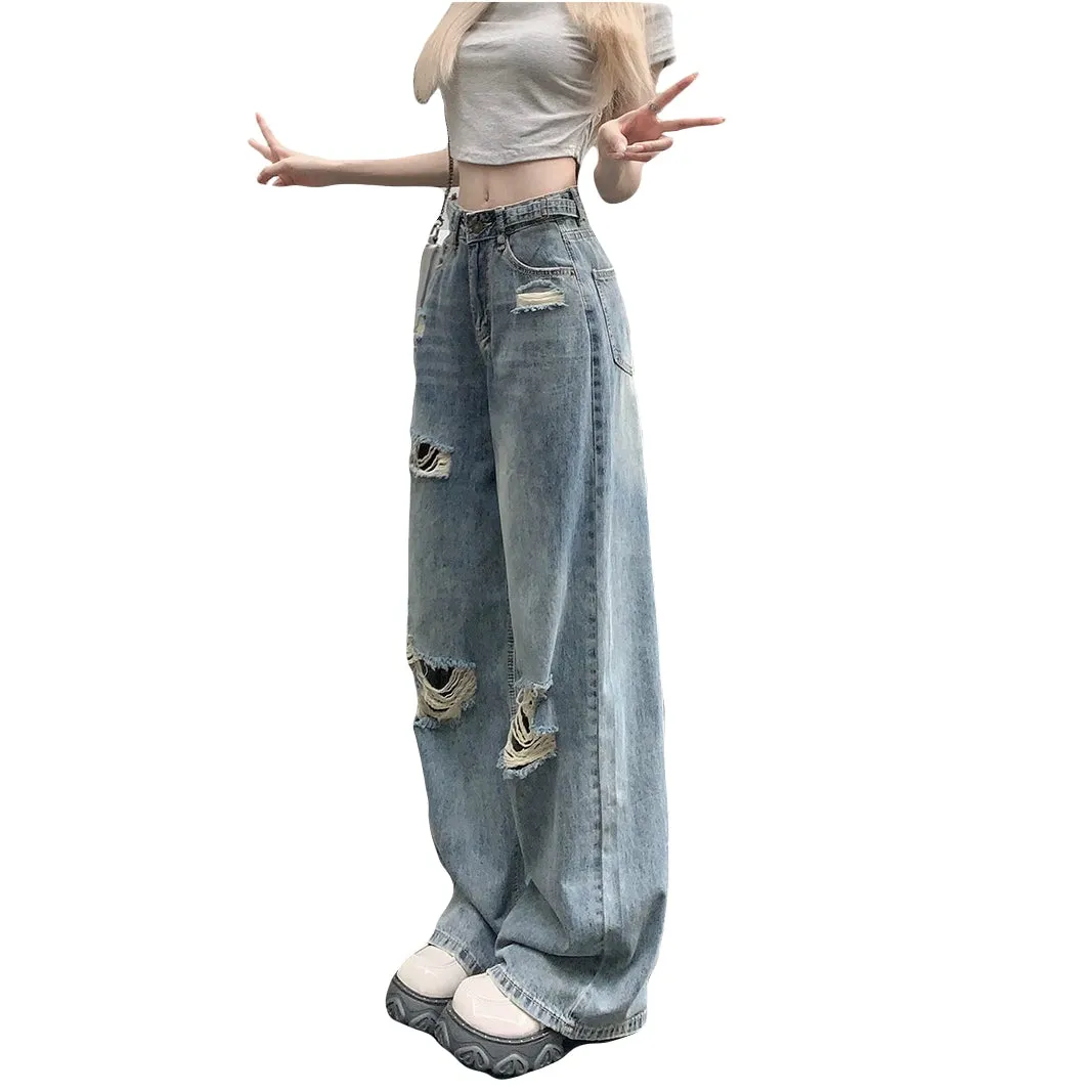 Plus Size Distressed Wide Leg Jeans for Women High Waist Loose Ripped Denim Pants