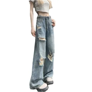 Plus Size Distressed Wide Leg Jeans for Women High Waist Loose Ripped Denim Pants