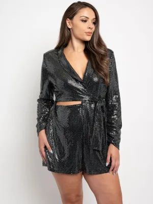 PLUS SIZE LONG SLEEVE CUT OUT SEQUINS ROMPER