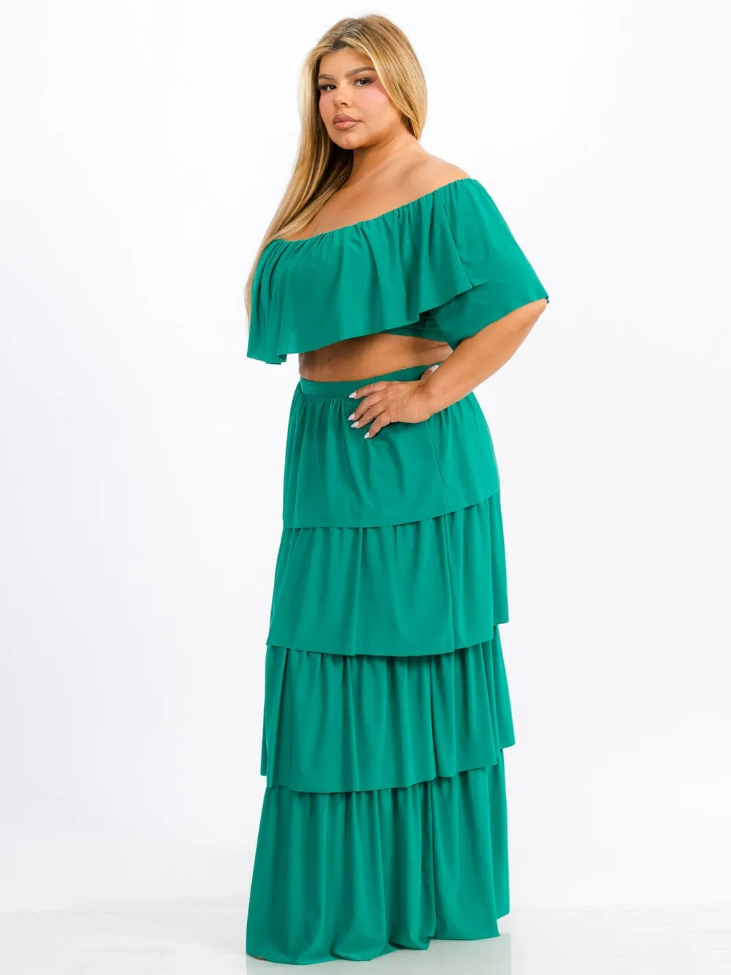 PLUS SIZE OFF SHOULDER TOP & MAXI SKIRT TIERED RUFFLE 2PC. SET