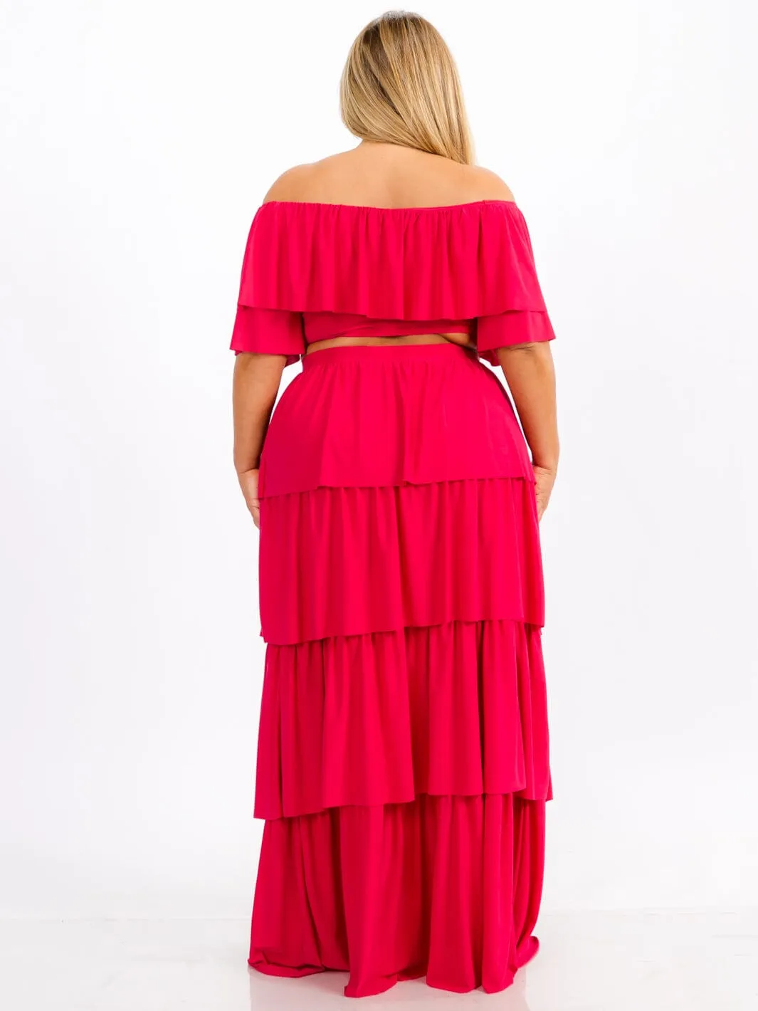 PLUS SIZE OFF SHOULDER TOP & MAXI SKIRT TIERED RUFFLE 2PC. SET