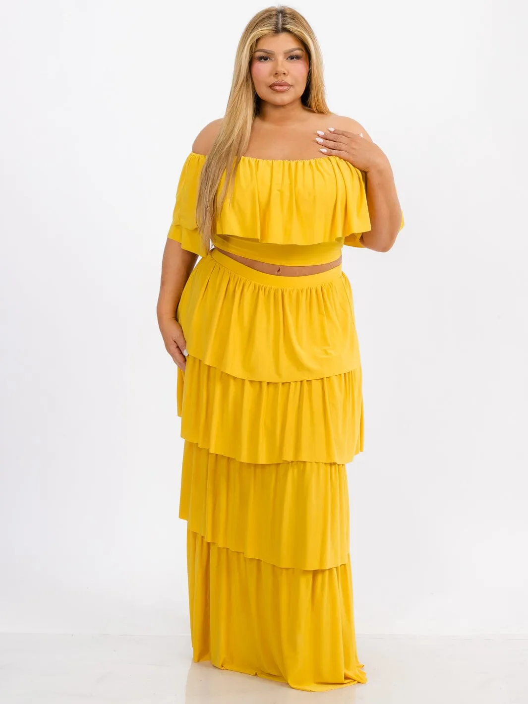 PLUS SIZE OFF SHOULDER TOP & MAXI SKIRT TIERED RUFFLE 2PC. SET