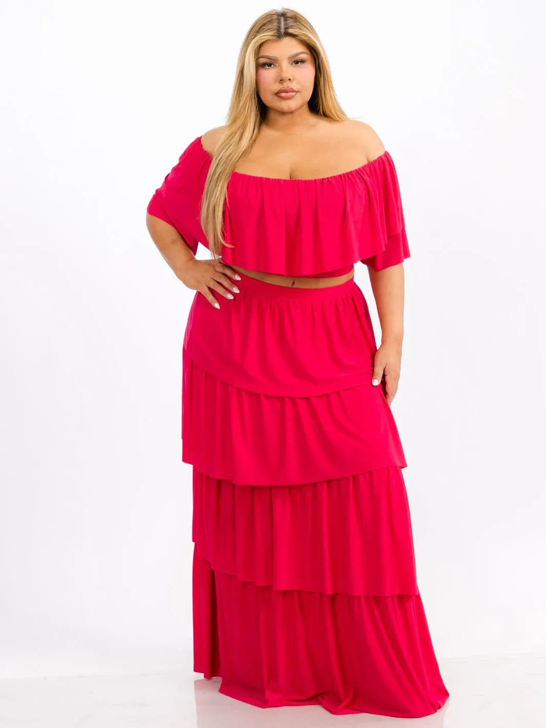 PLUS SIZE OFF SHOULDER TOP & MAXI SKIRT TIERED RUFFLE 2PC. SET