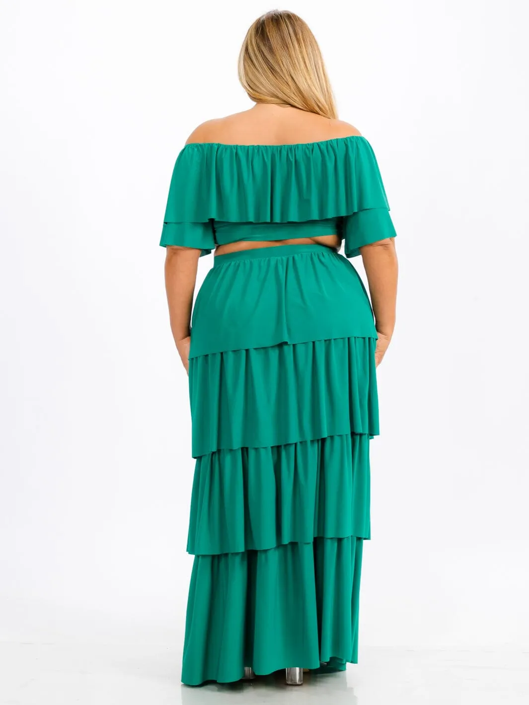 PLUS SIZE OFF SHOULDER TOP & MAXI SKIRT TIERED RUFFLE 2PC. SET