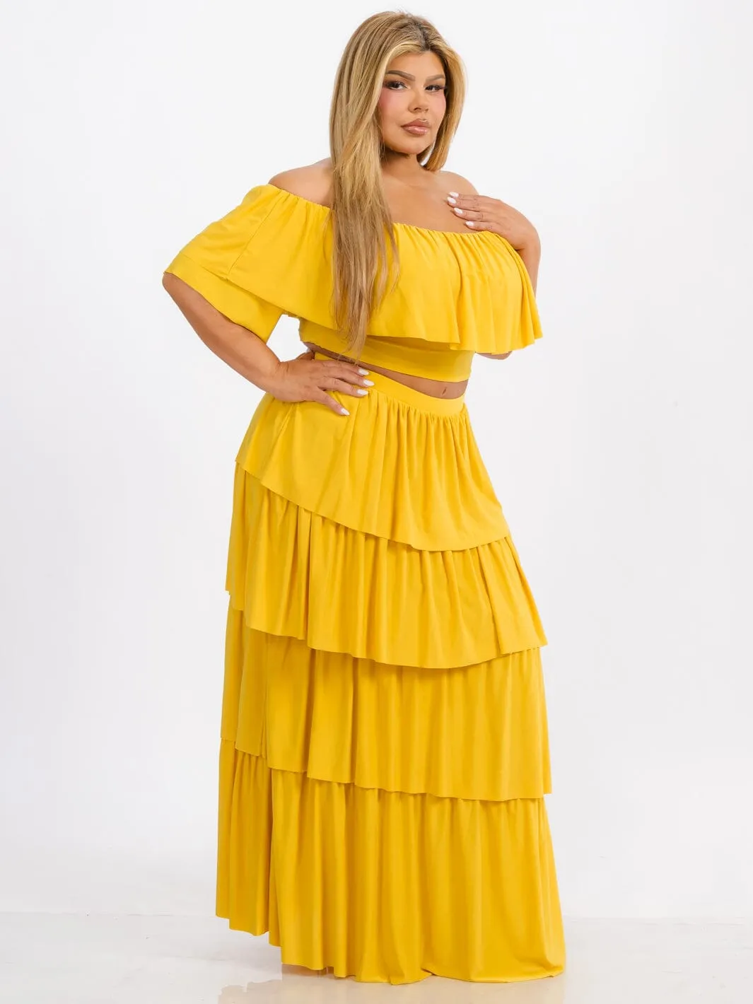 PLUS SIZE OFF SHOULDER TOP & MAXI SKIRT TIERED RUFFLE 2PC. SET