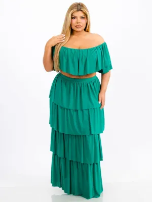 PLUS SIZE OFF SHOULDER TOP & MAXI SKIRT TIERED RUFFLE 2PC. SET