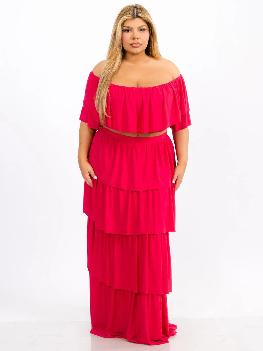 PLUS SIZE OFF SHOULDER TOP & MAXI SKIRT TIERED RUFFLE 2PC. SET