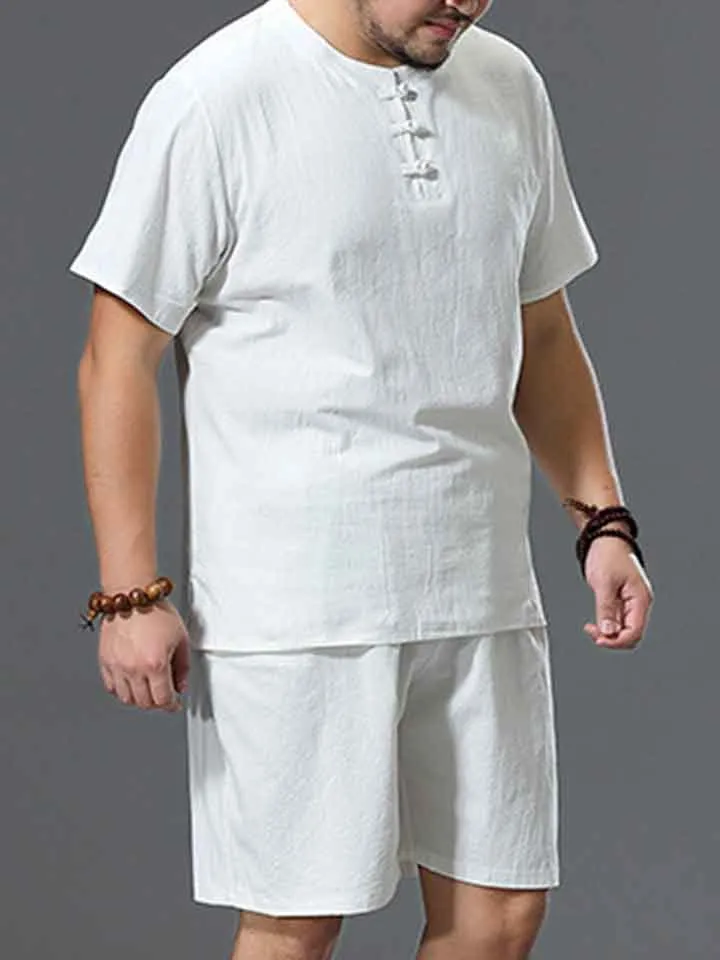 Plus Size Plain Button Up T-Shirt Shorts Sets