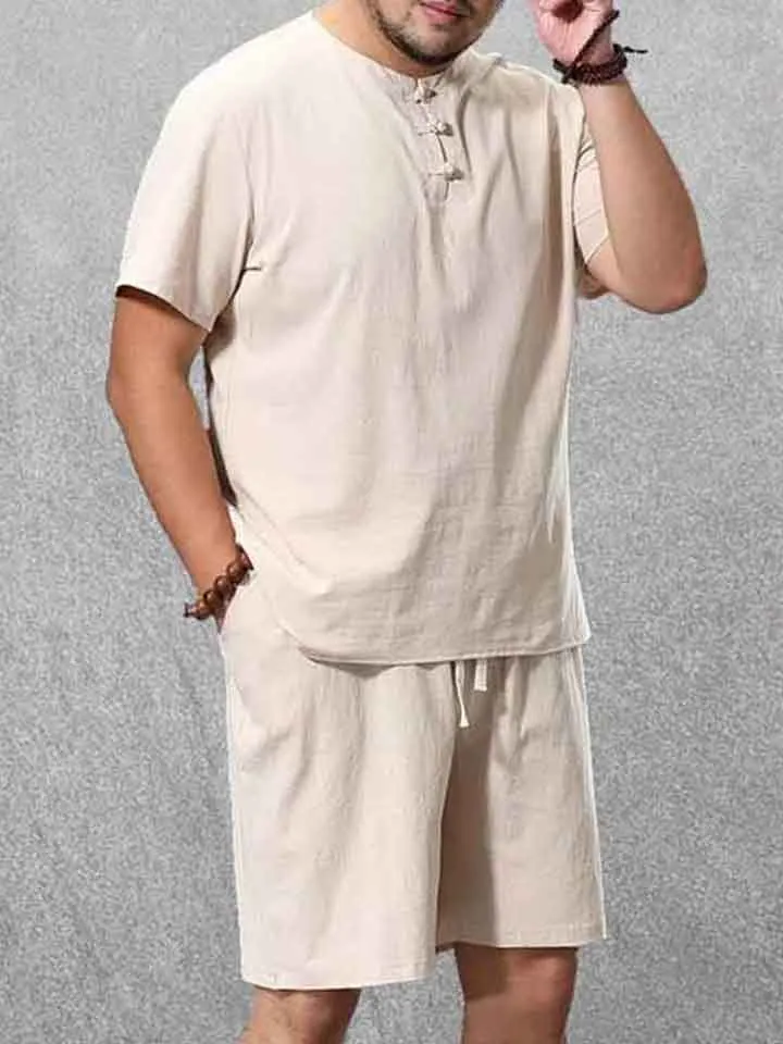 Plus Size Plain Button Up T-Shirt Shorts Sets