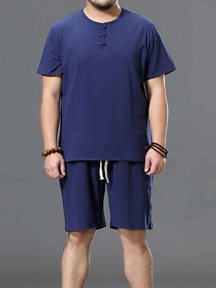 Plus Size Plain Button Up T-Shirt Shorts Sets