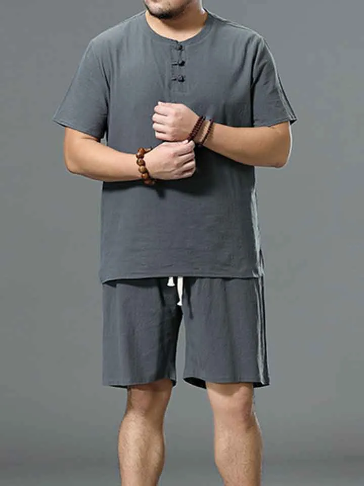 Plus Size Plain Button Up T-Shirt Shorts Sets