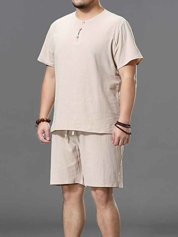 Plus Size Plain Button Up T-Shirt Shorts Sets