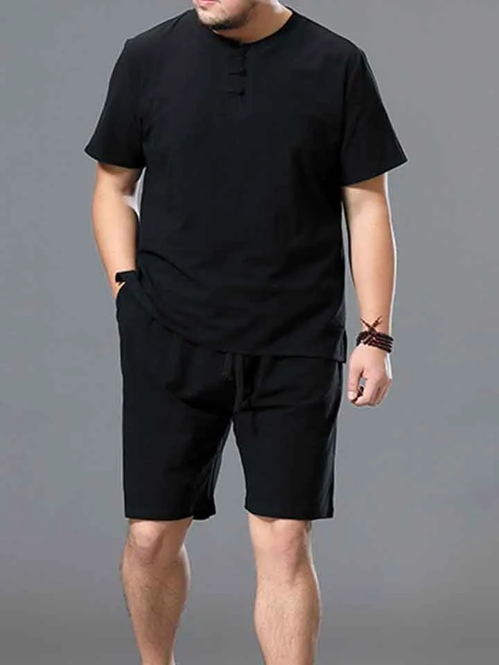 Plus Size Plain Button Up T-Shirt Shorts Sets