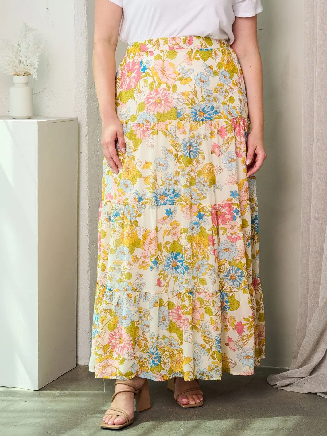 PLUS SIZE TIERED FLORAL MAXI SKIRT