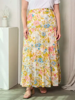 PLUS SIZE TIERED FLORAL MAXI SKIRT