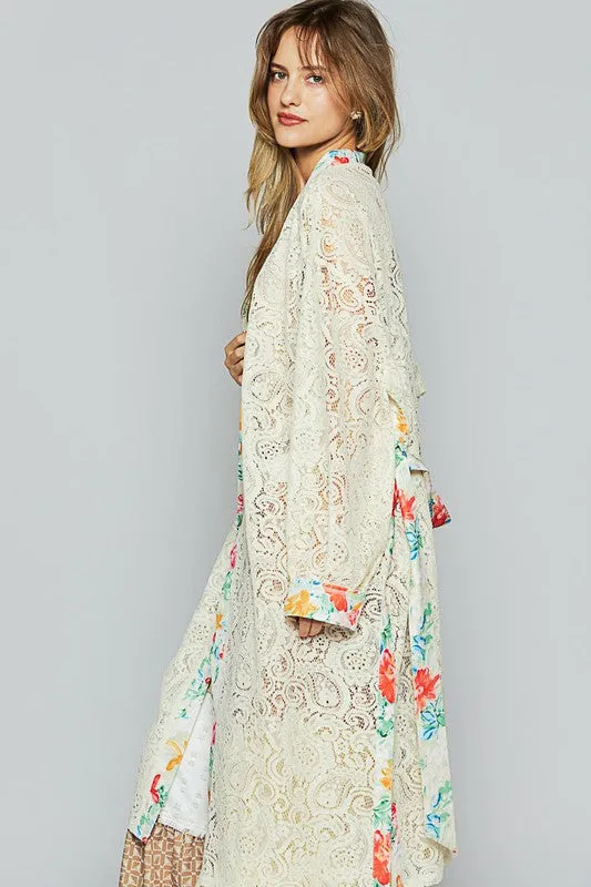 POL Floral Trim Lace Open Front Longline Cardigan