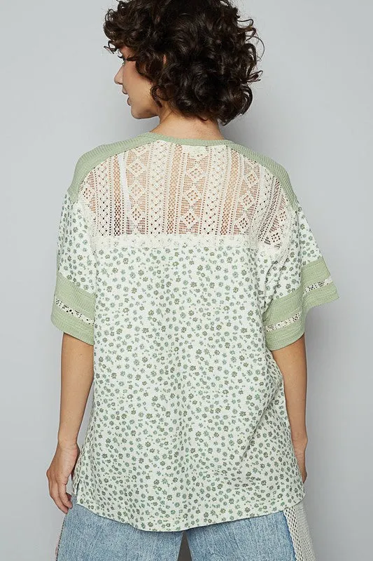 POL Number Floral Crochet Button Detail Half Sleeve Top