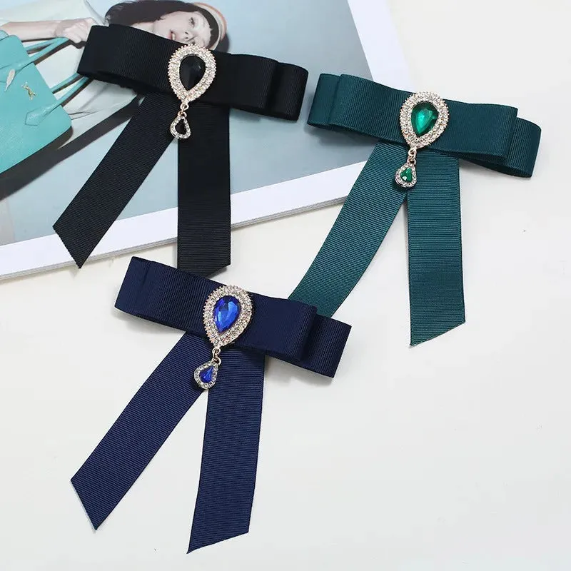 Preppy Style Water Droplets Bow Knot Ribbon Inlay Rhinestones Pearl Women'S Brooches