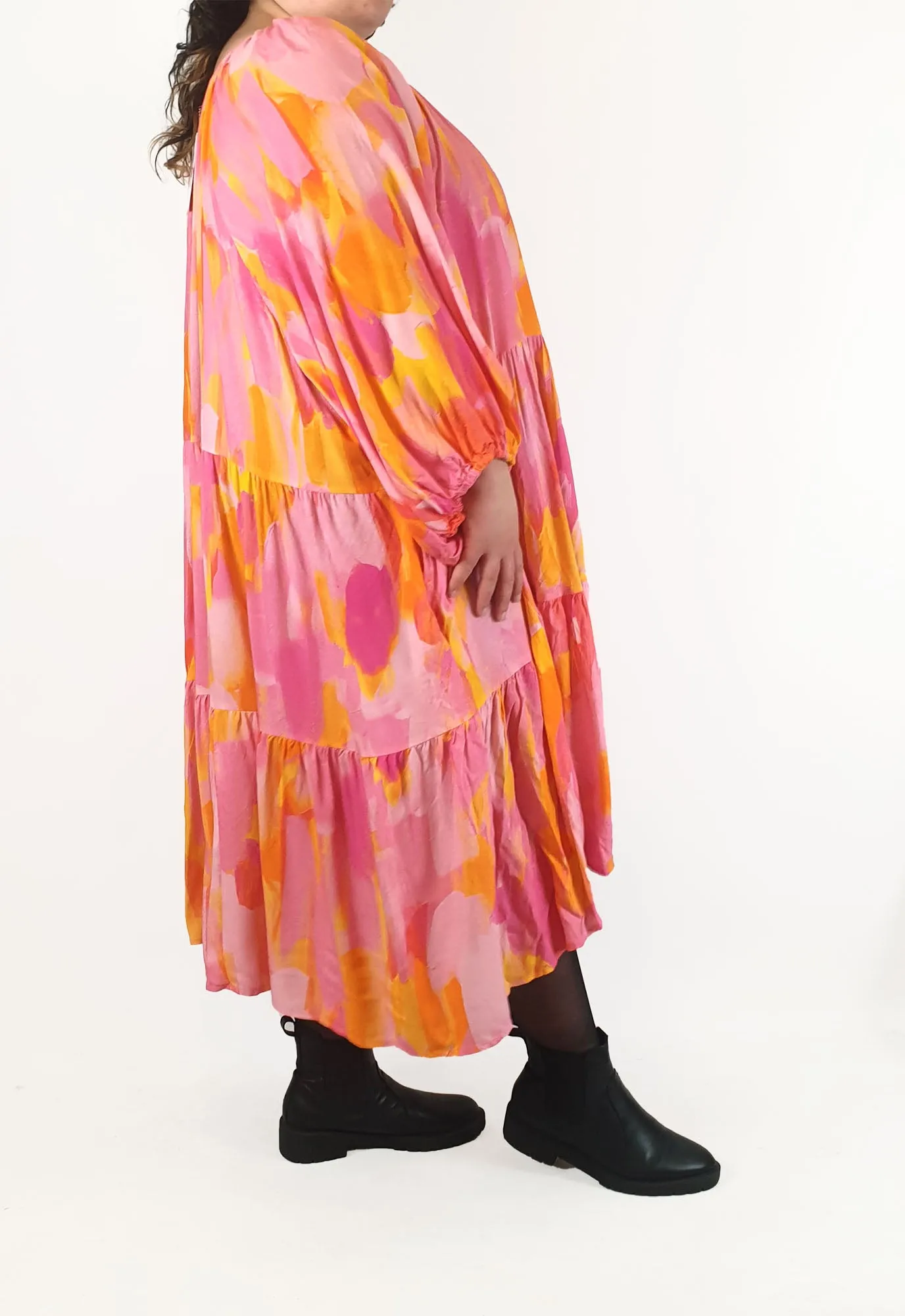 Proud Poppy pink and yellow print long sleeve maxi dress size 28