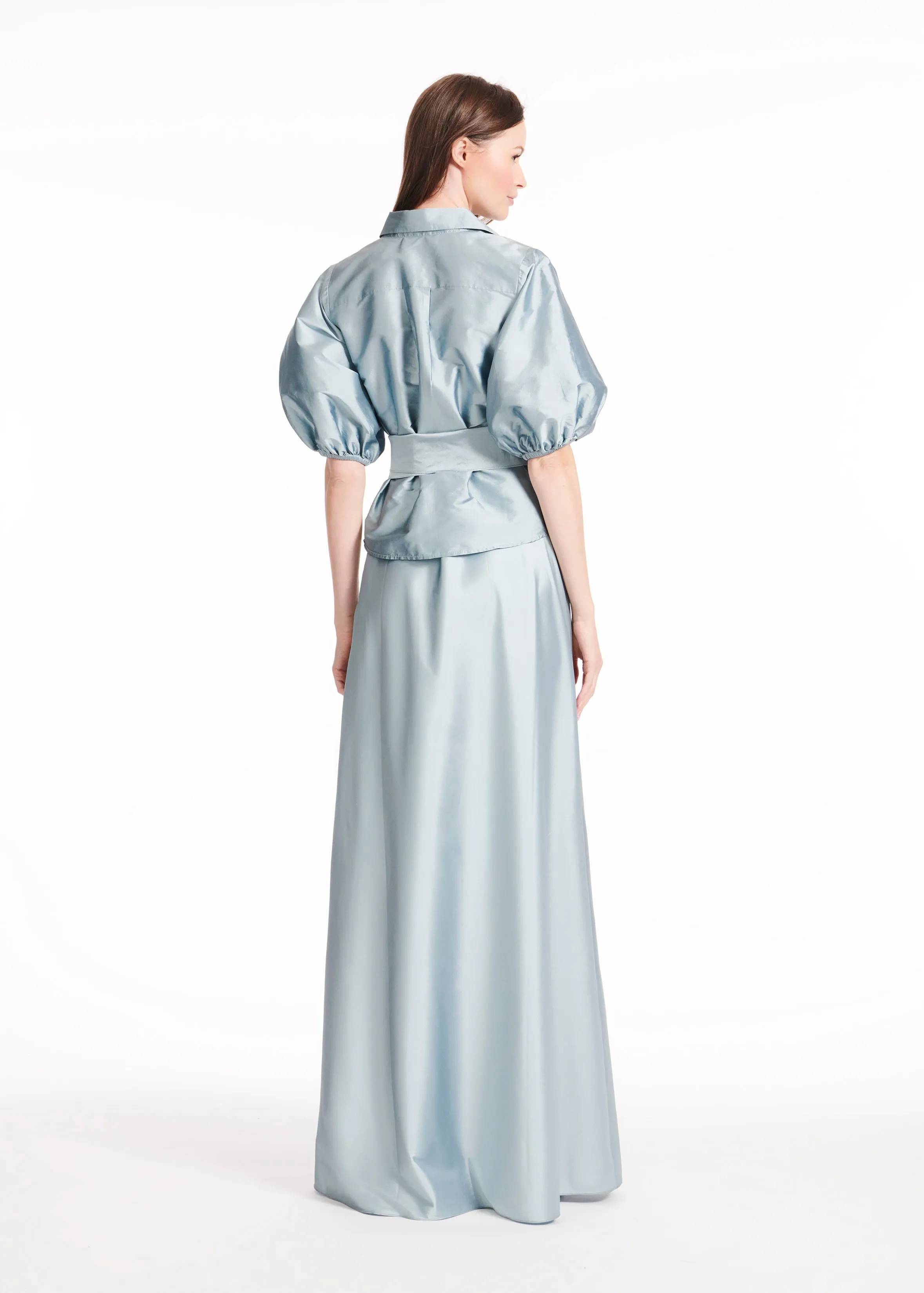 PUFF SLEEVE BLOUSE WITH FLORAL MEDALLION BUTTONS LIGHT BLUE