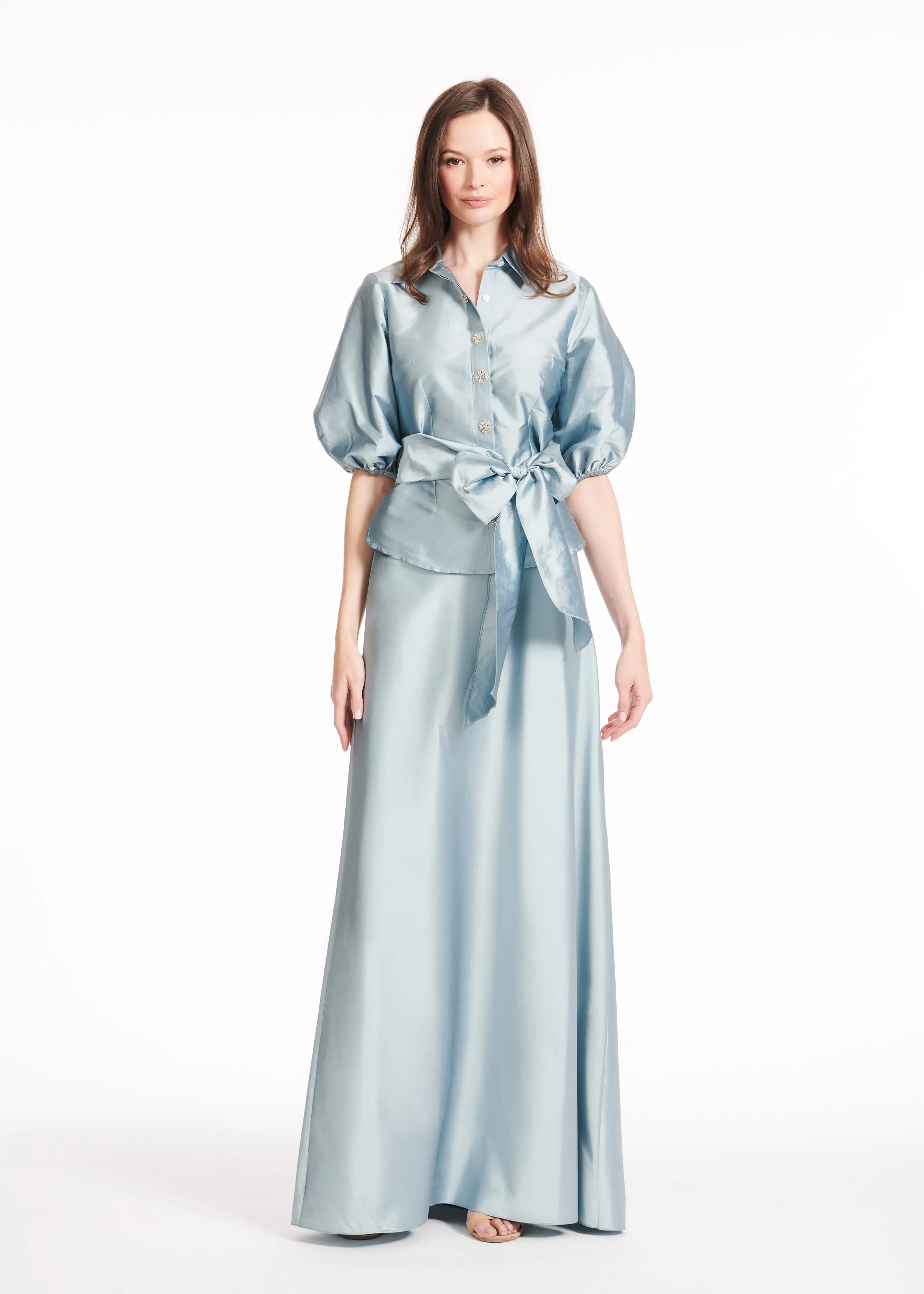 PUFF SLEEVE BLOUSE WITH FLORAL MEDALLION BUTTONS LIGHT BLUE