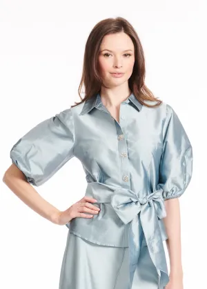 PUFF SLEEVE BLOUSE WITH FLORAL MEDALLION BUTTONS LIGHT BLUE