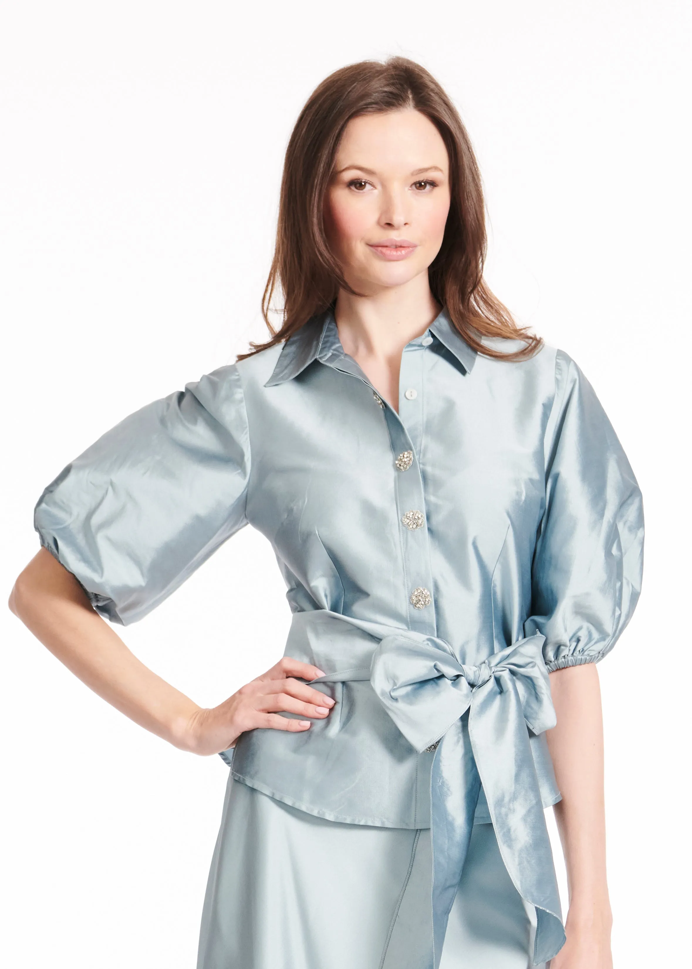 PUFF SLEEVE BLOUSE WITH FLORAL MEDALLION BUTTONS LIGHT BLUE