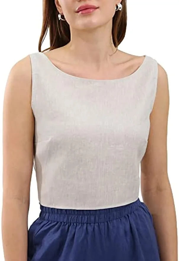 Pure Linen Tie Back Crop Tank Tops