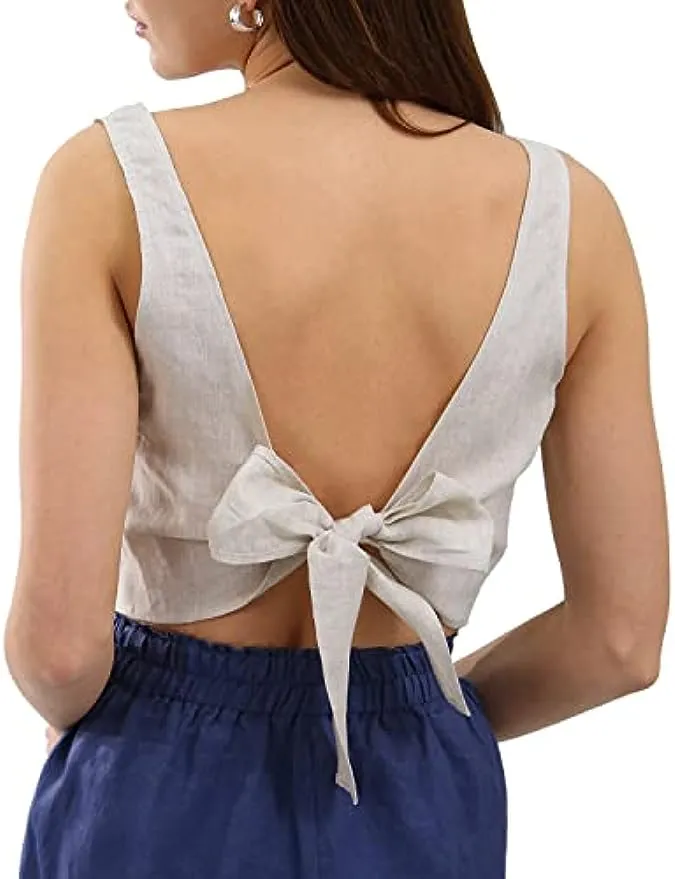 Pure Linen Tie Back Crop Tank Tops
