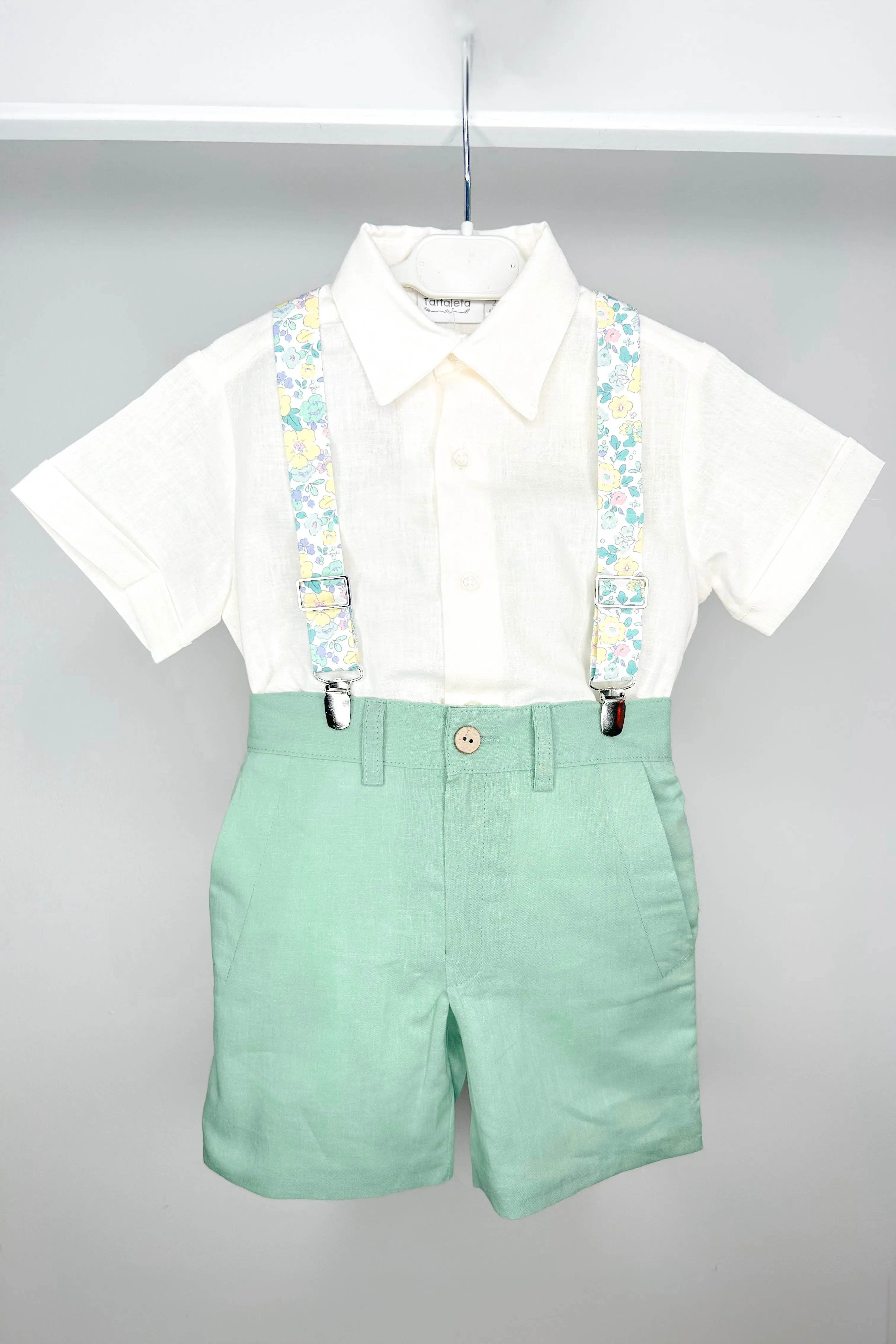 "Greyson" Shirt, Sage Green Shorts & Floral Braces