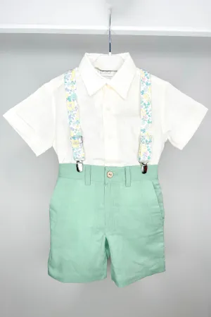 "Greyson" Shirt, Sage Green Shorts & Floral Braces