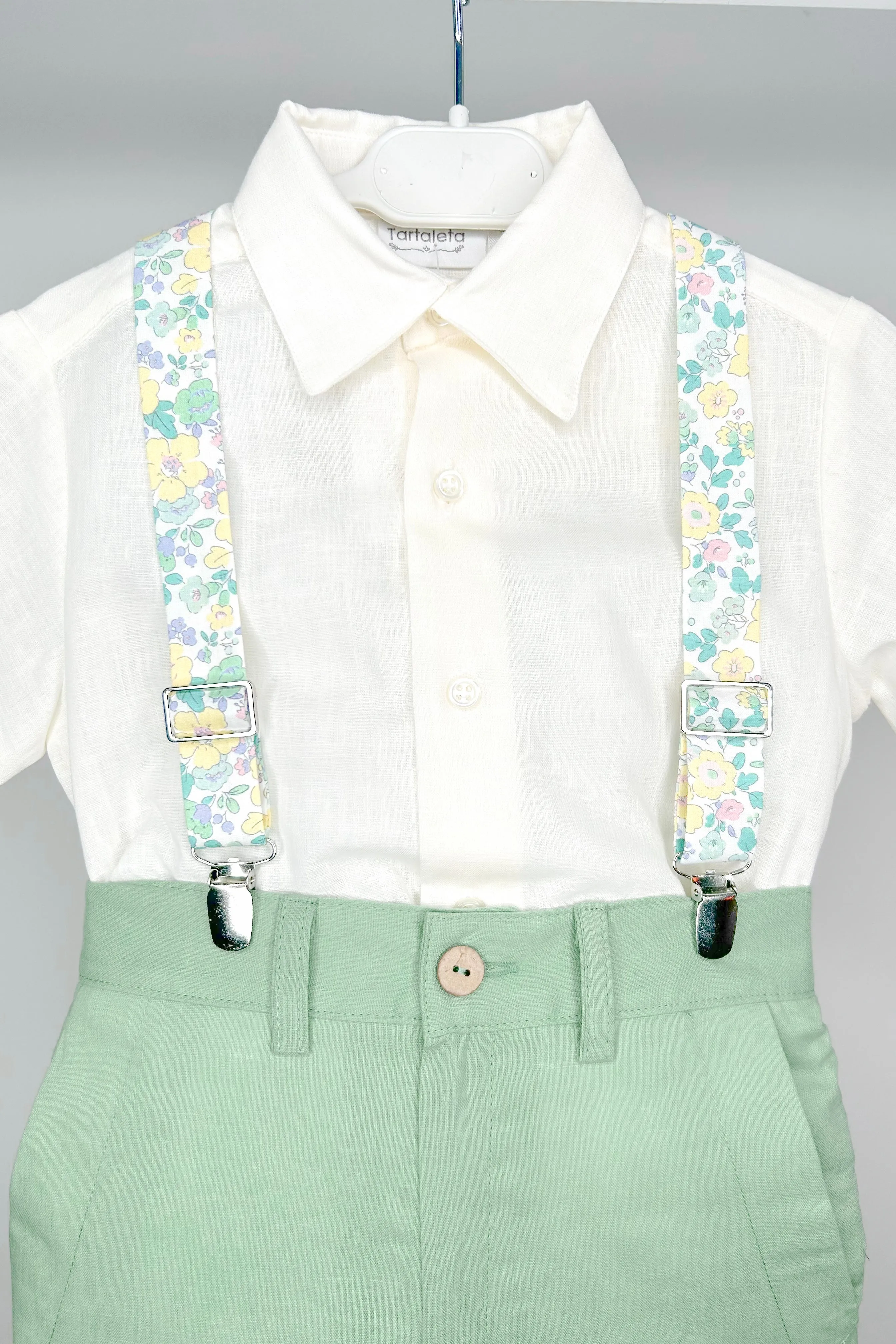 "Greyson" Shirt, Sage Green Shorts & Floral Braces