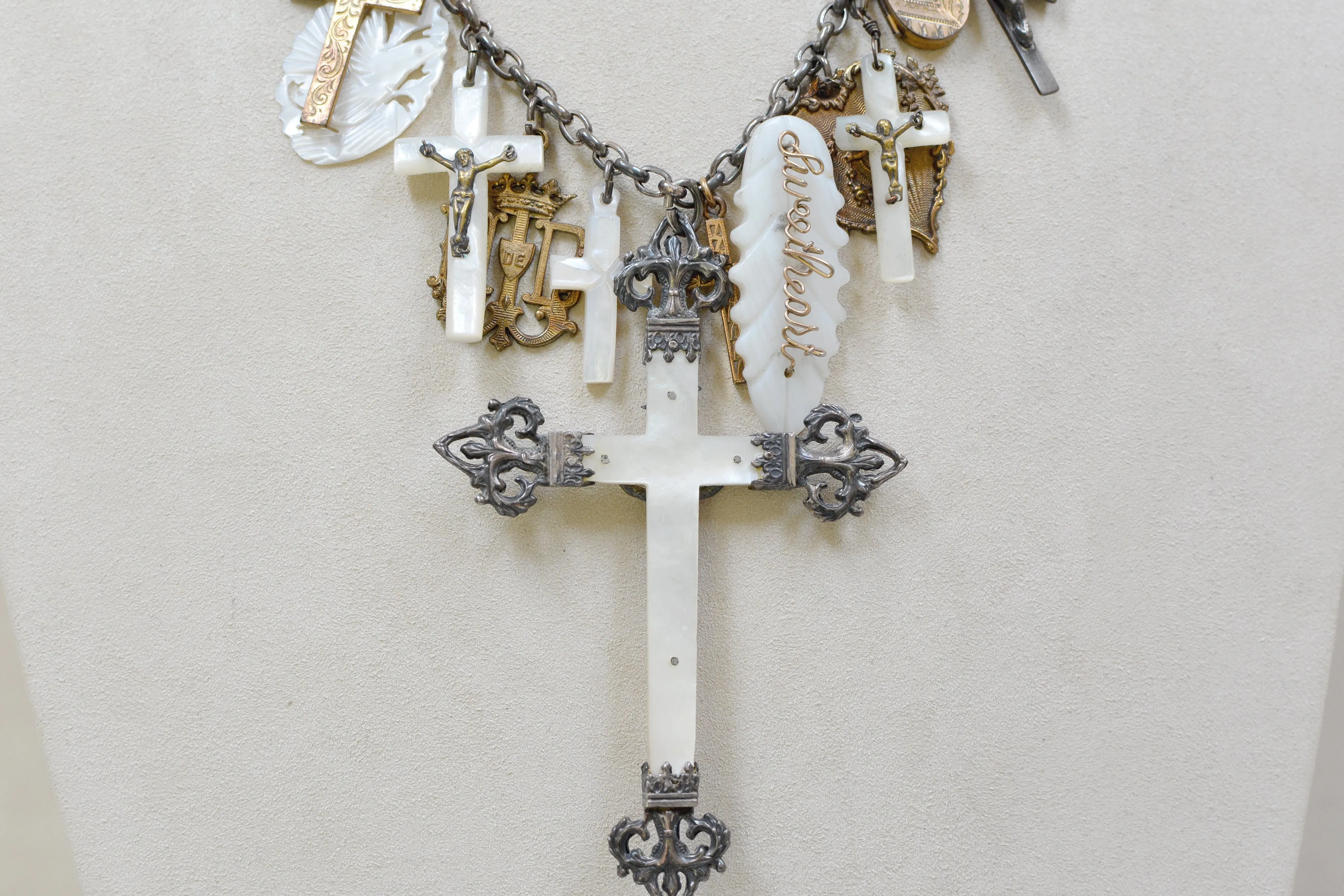 Rare Collection of 19 th. C. French Mother-of-Pearl & Gilded Talismans Necklace