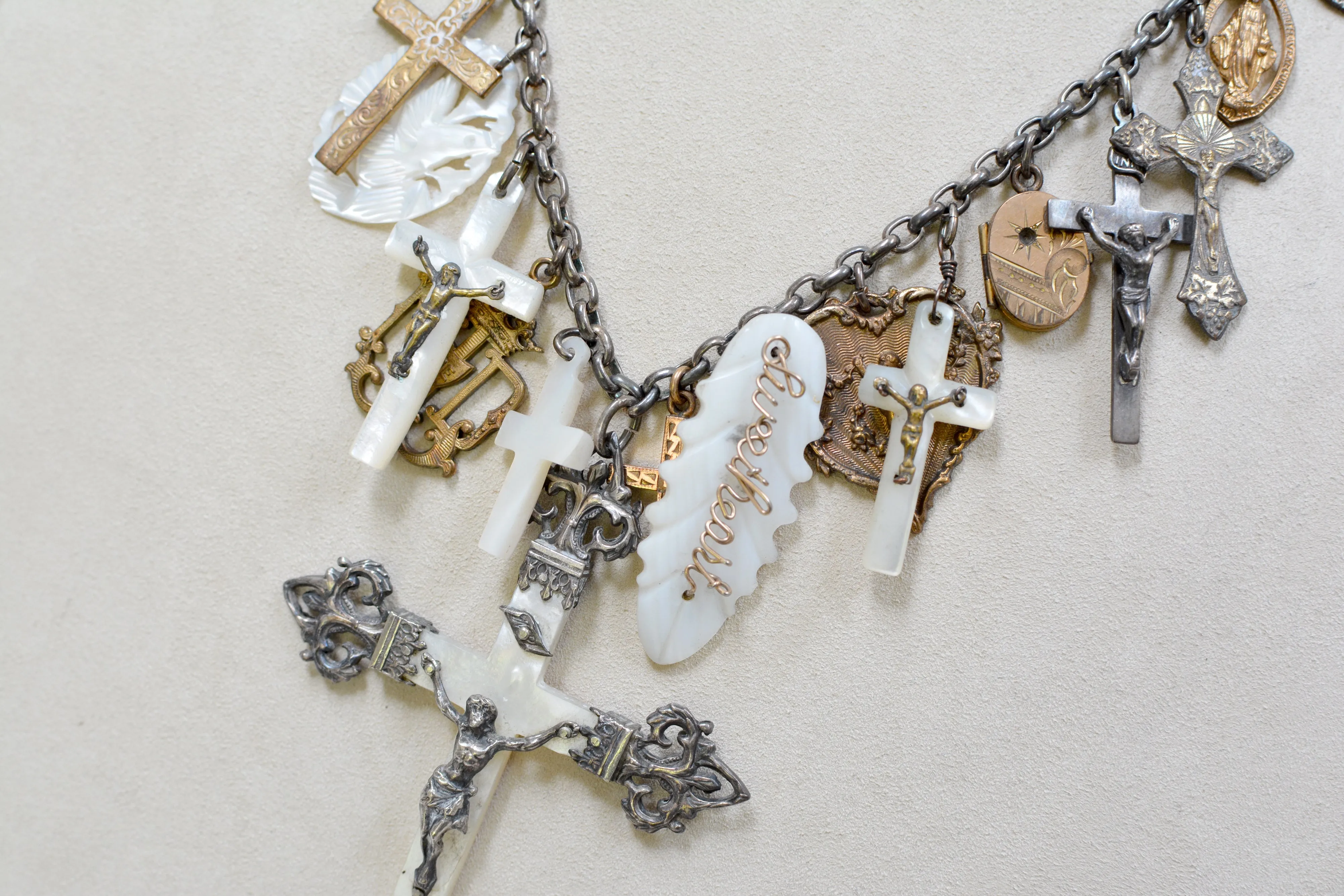 Rare Collection of 19 th. C. French Mother-of-Pearl & Gilded Talismans Necklace