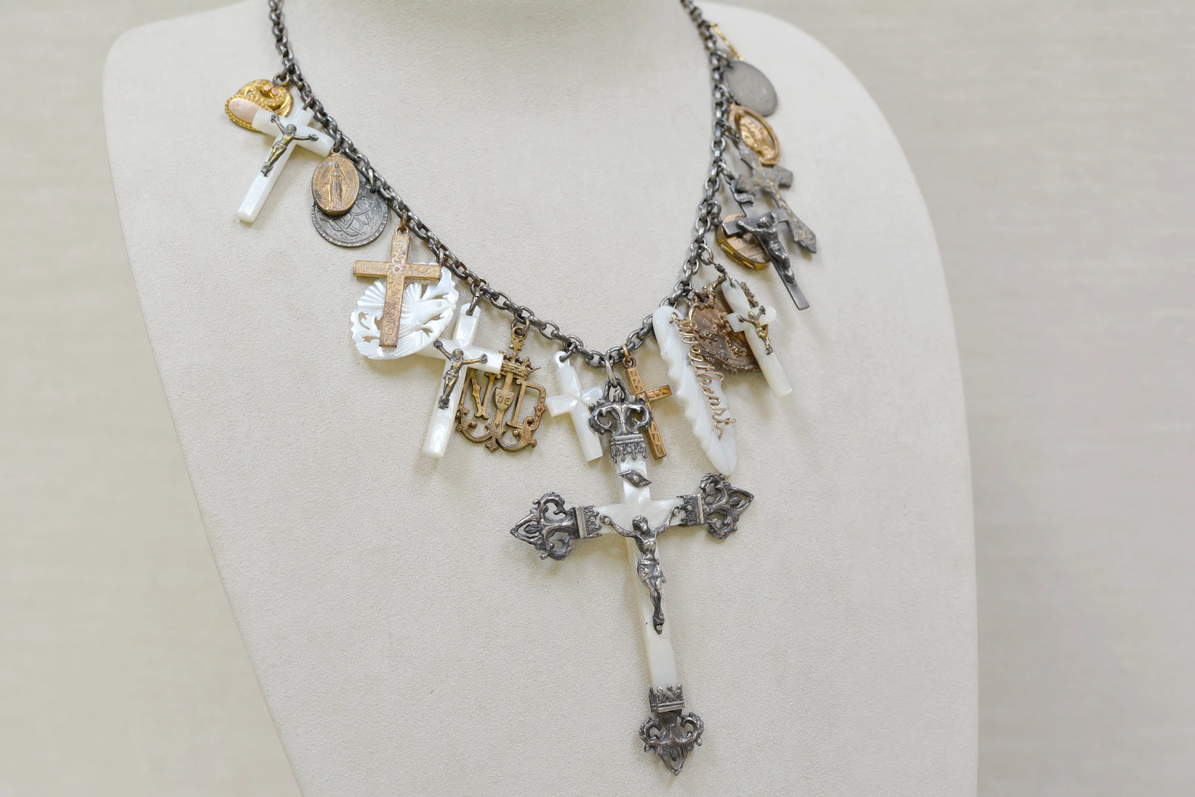 Rare Collection of 19 th. C. French Mother-of-Pearl & Gilded Talismans Necklace