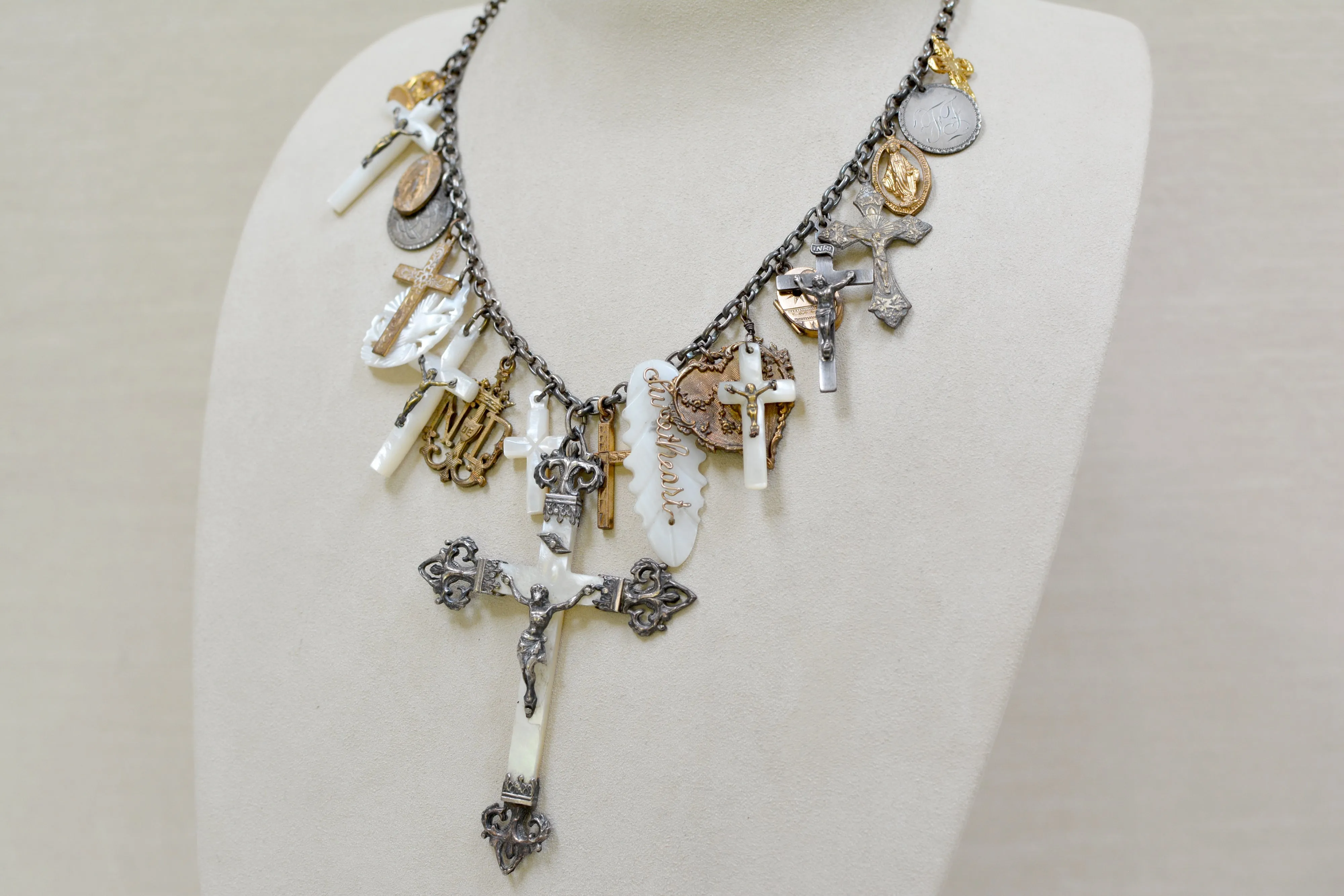 Rare Collection of 19 th. C. French Mother-of-Pearl & Gilded Talismans Necklace