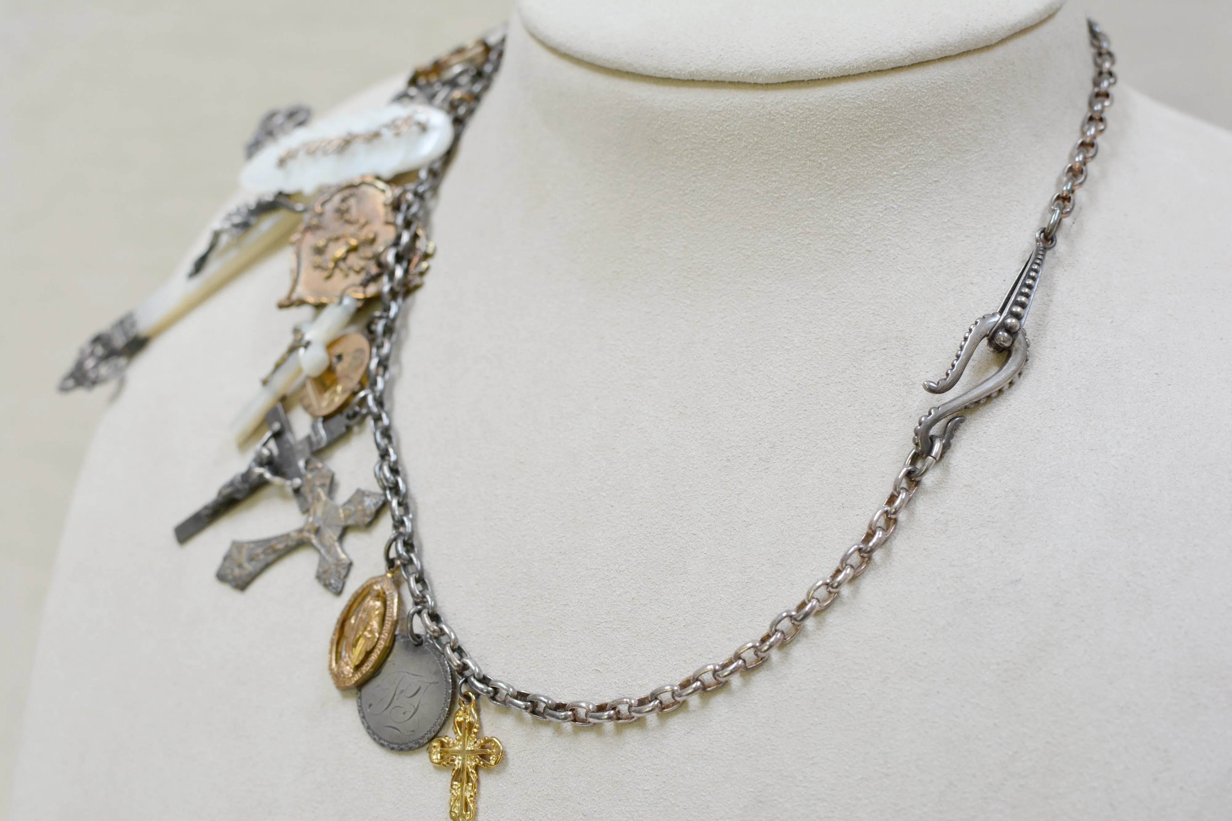 Rare Collection of 19 th. C. French Mother-of-Pearl & Gilded Talismans Necklace