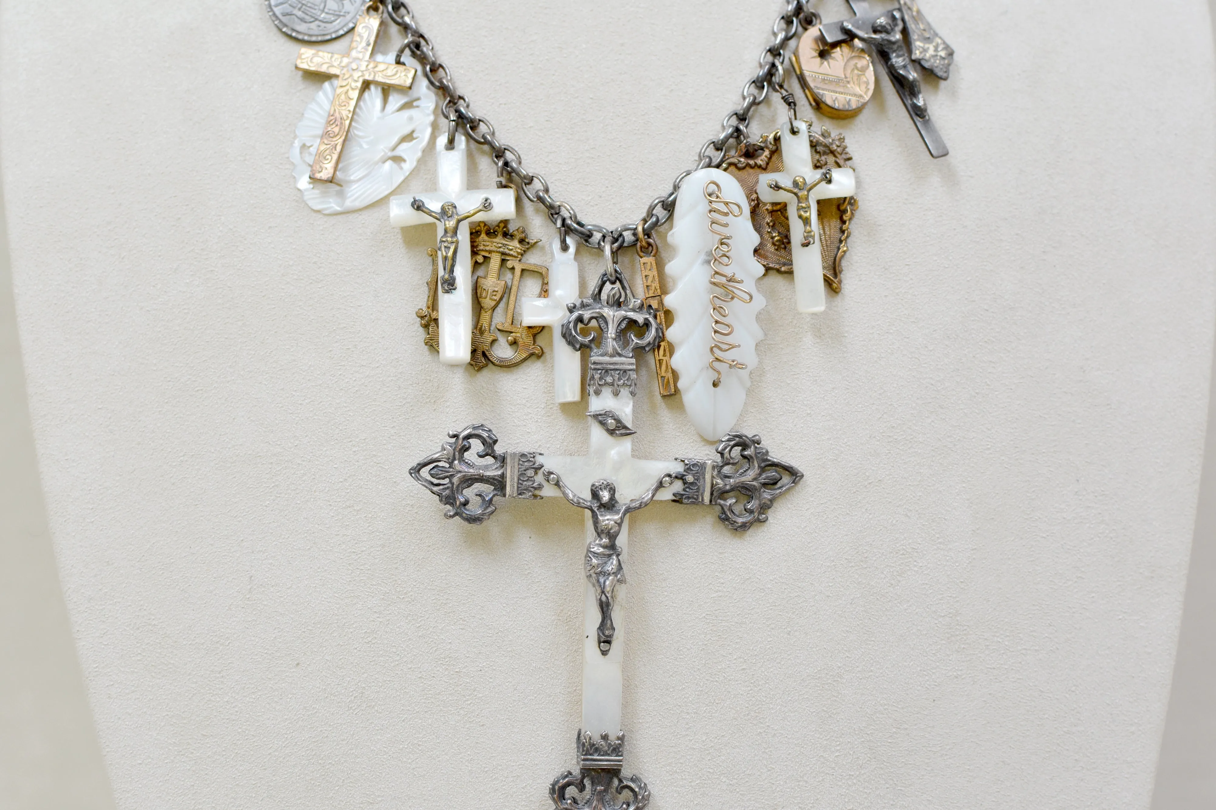 Rare Collection of 19 th. C. French Mother-of-Pearl & Gilded Talismans Necklace