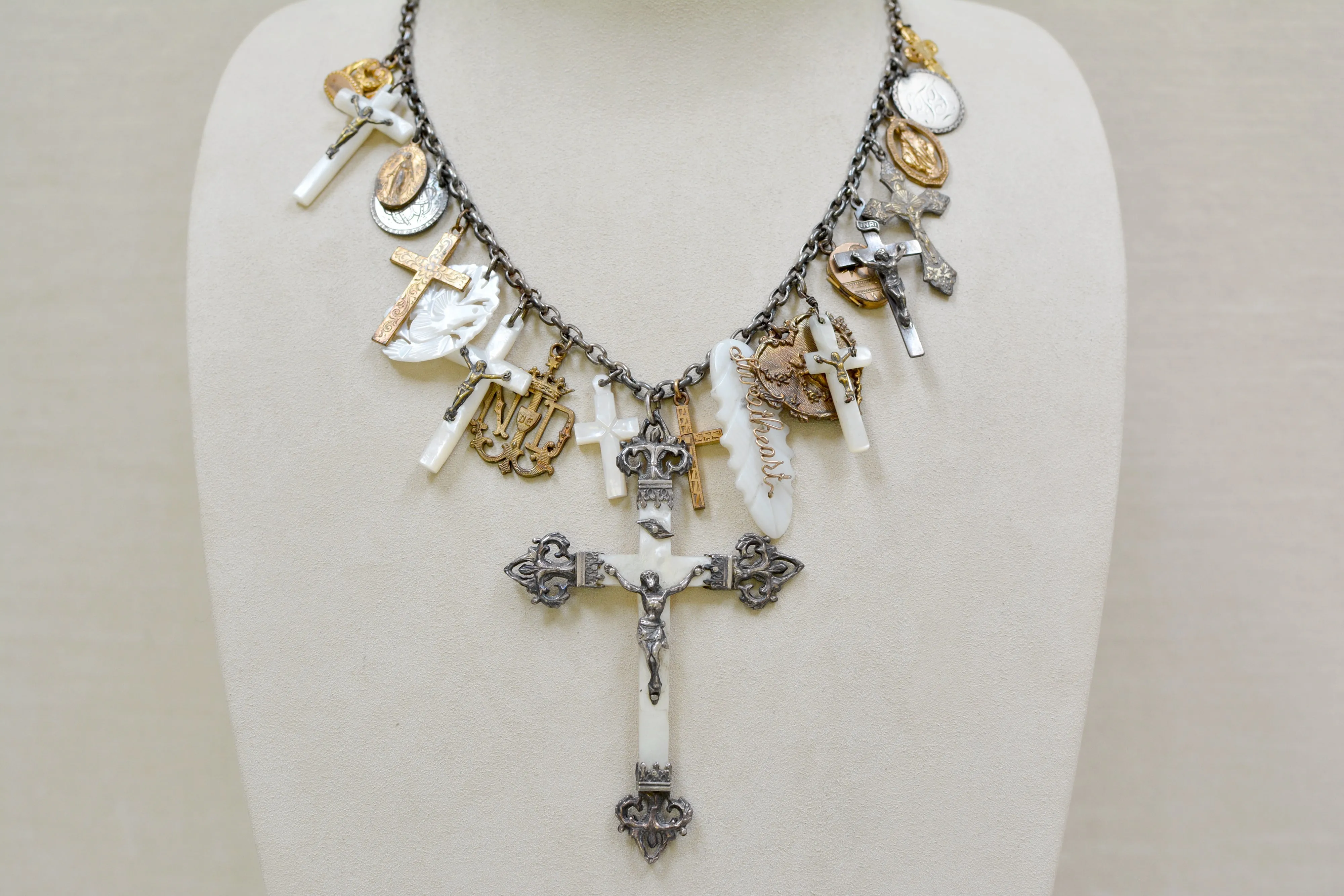 Rare Collection of 19 th. C. French Mother-of-Pearl & Gilded Talismans Necklace