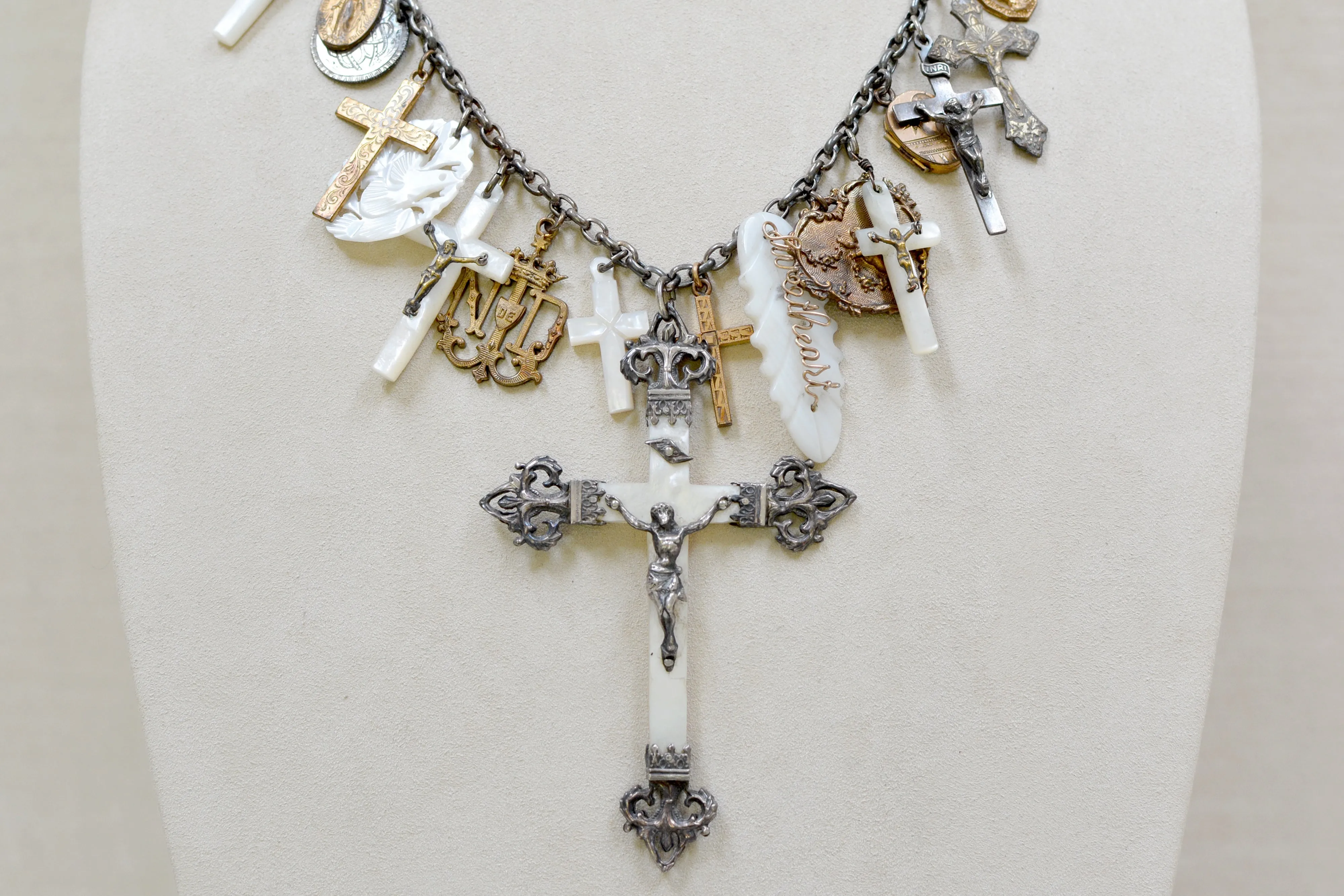 Rare Collection of 19 th. C. French Mother-of-Pearl & Gilded Talismans Necklace
