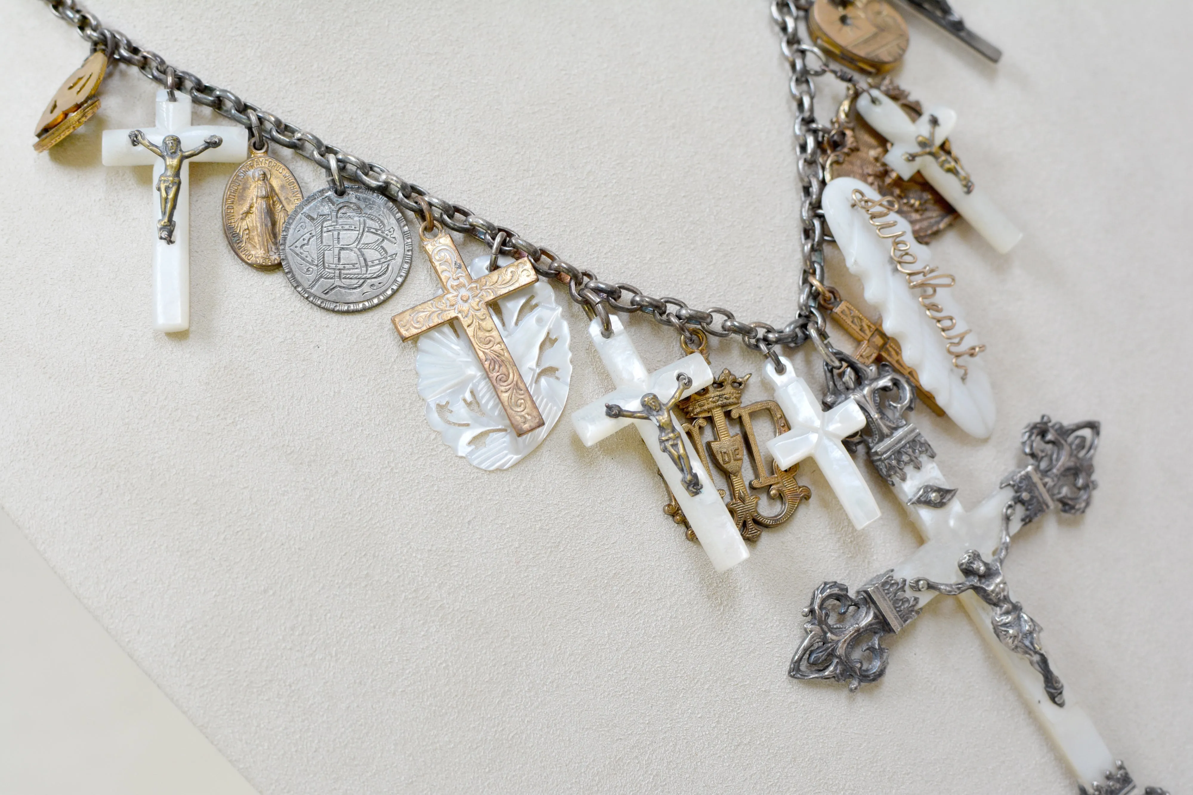 Rare Collection of 19 th. C. French Mother-of-Pearl & Gilded Talismans Necklace