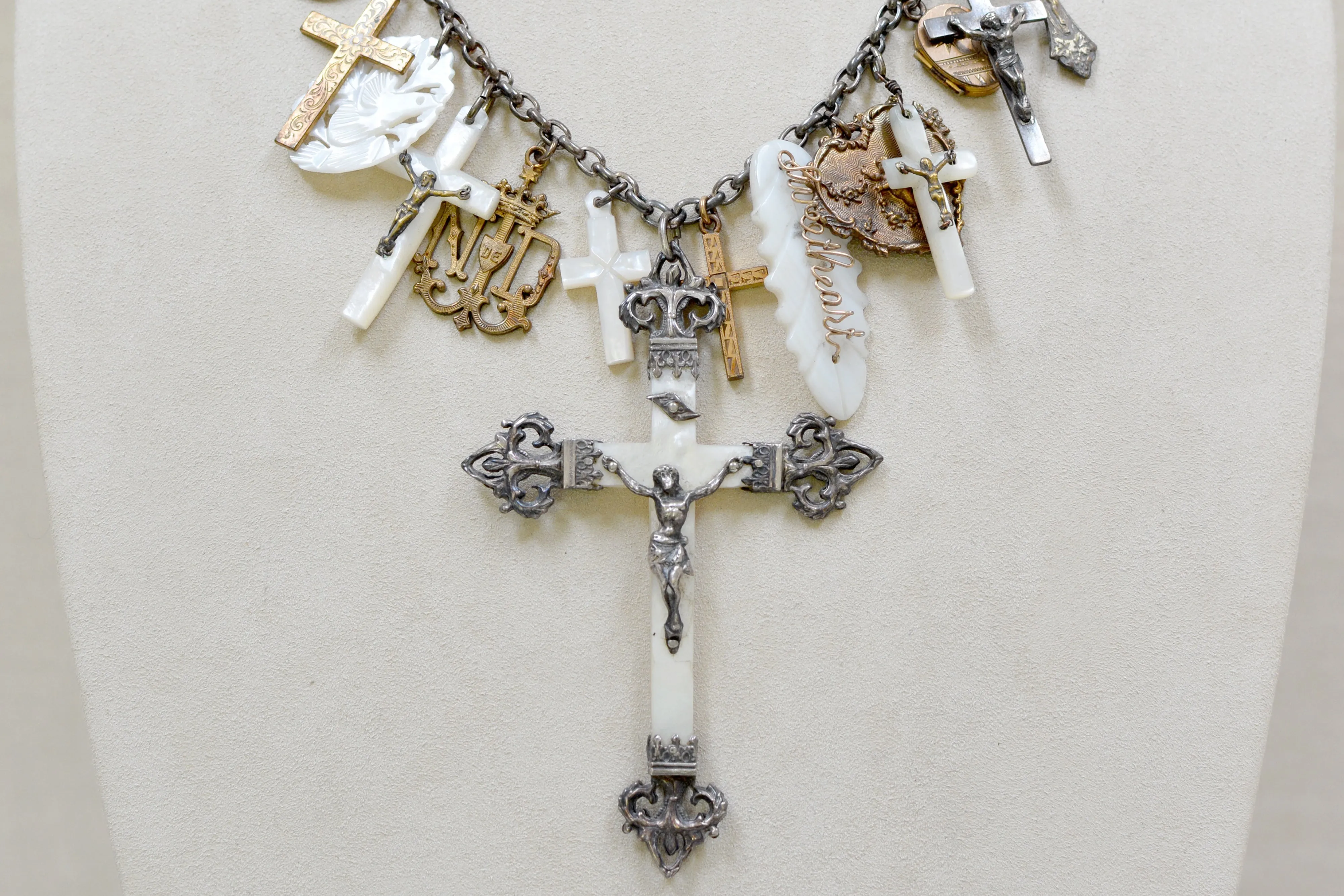 Rare Collection of 19 th. C. French Mother-of-Pearl & Gilded Talismans Necklace
