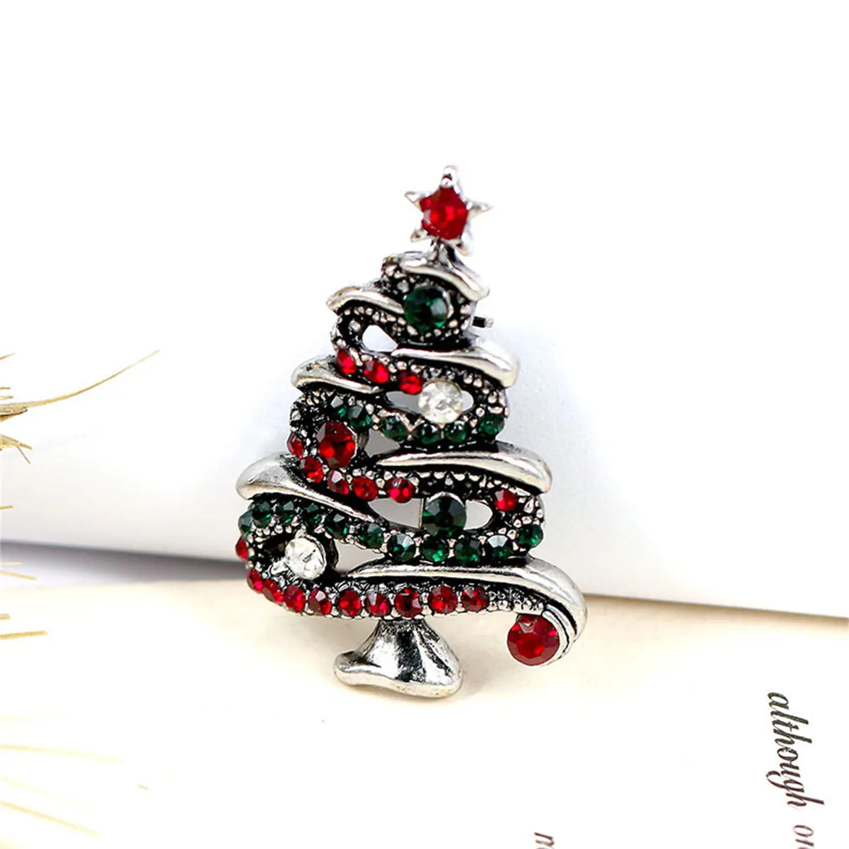 Red & Green Cubic Zirconia Openwork Pavé Christmas Tree Brooch