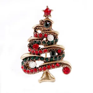 Red Cubic Zirconia & 18K Gold-Plated Christmas Tree Brooch