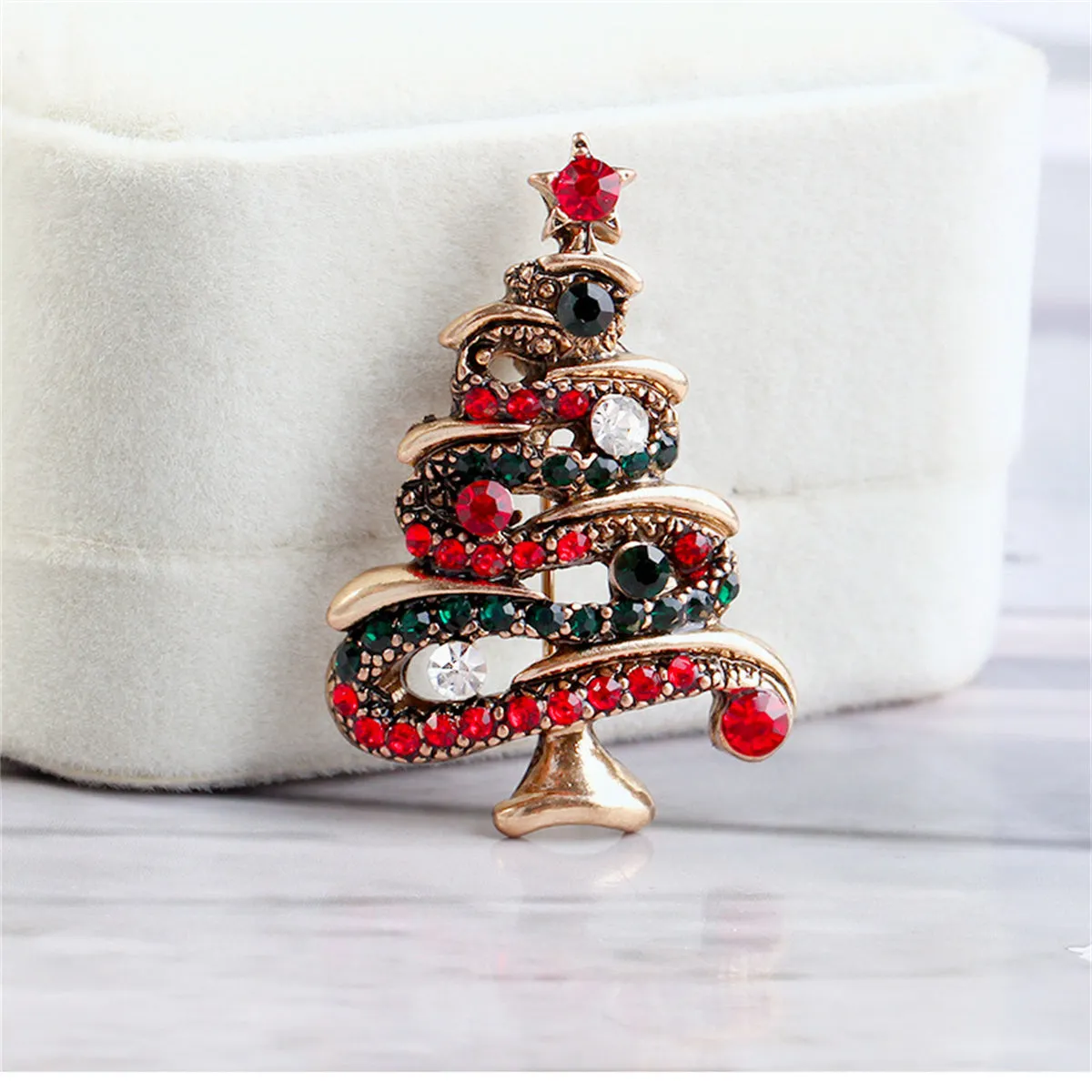 Red Cubic Zirconia & 18K Gold-Plated Christmas Tree Brooch