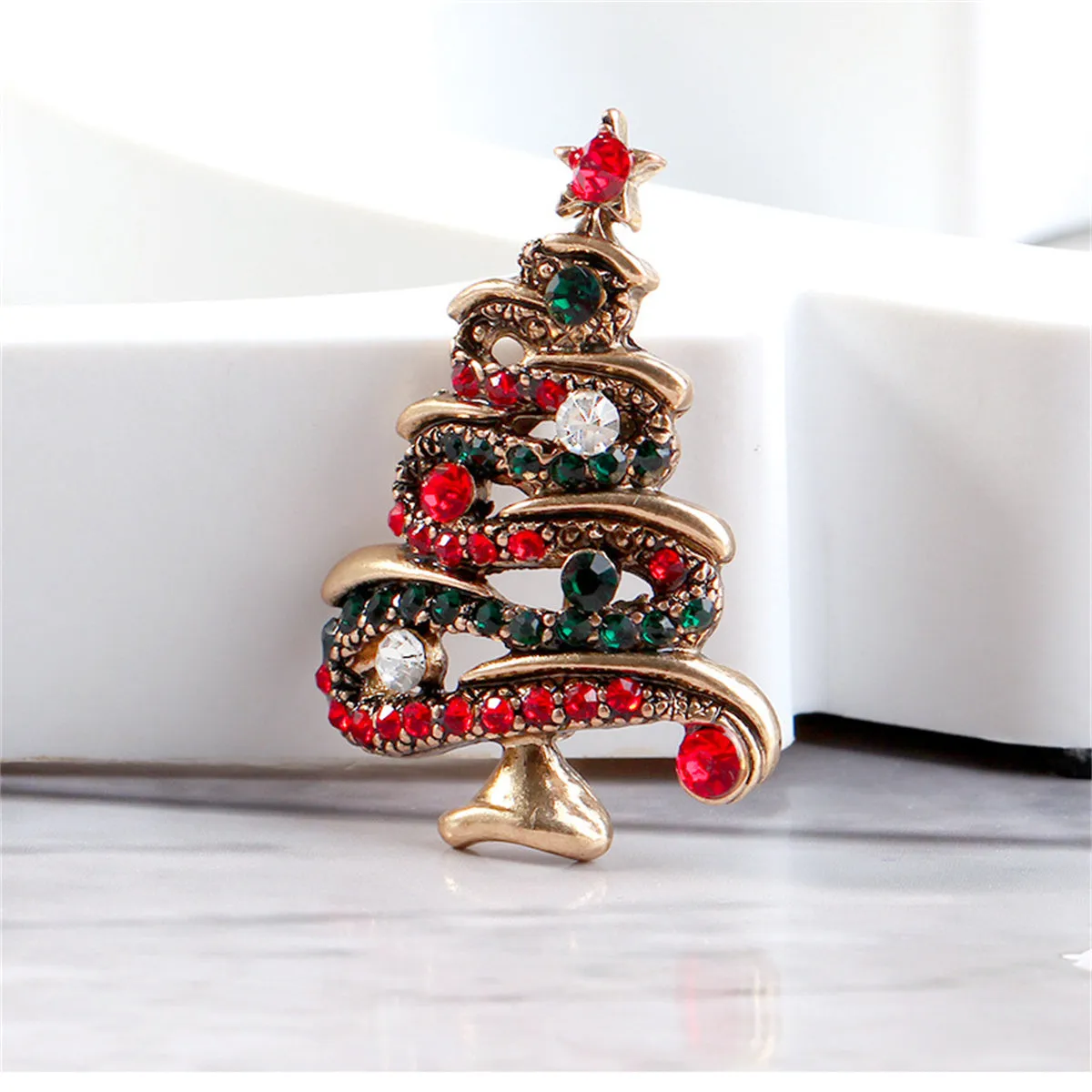 Red Cubic Zirconia & 18K Gold-Plated Christmas Tree Brooch