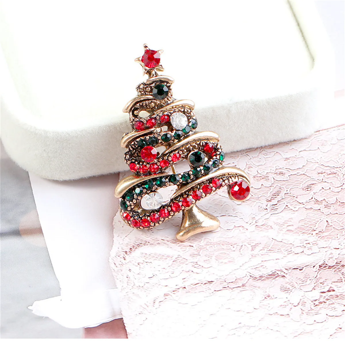 Red Cubic Zirconia & 18K Gold-Plated Christmas Tree Brooch