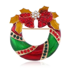 Red Cubic Zirconia & Enamel 18K Gold-Plated Christmas Bow Wreath Brooch