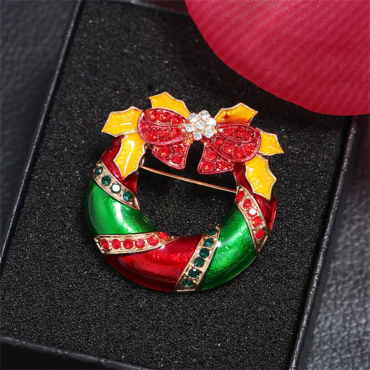 Red Cubic Zirconia & Enamel 18K Gold-Plated Christmas Bow Wreath Brooch